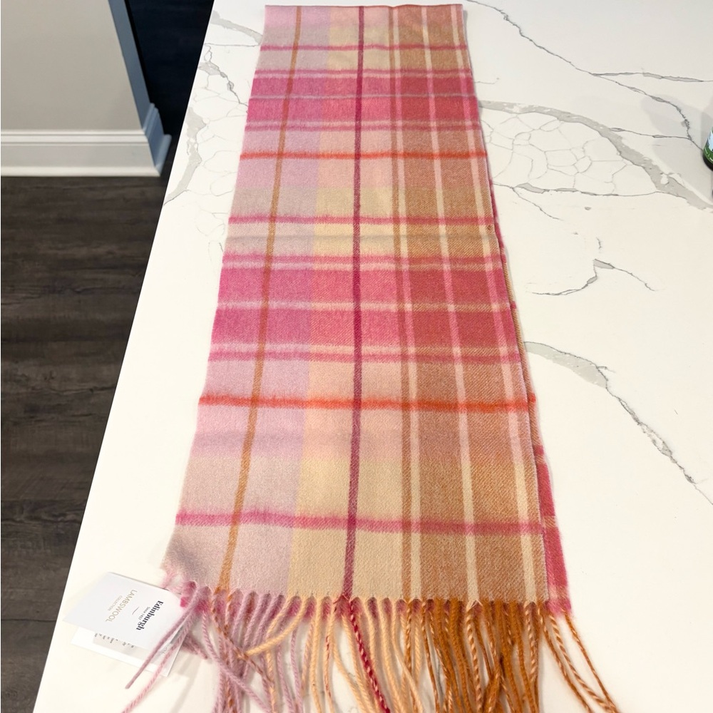 NWT Edinburgh 100% Lambswool Plaid Tartan Scarf Pink Mill Check Ginger